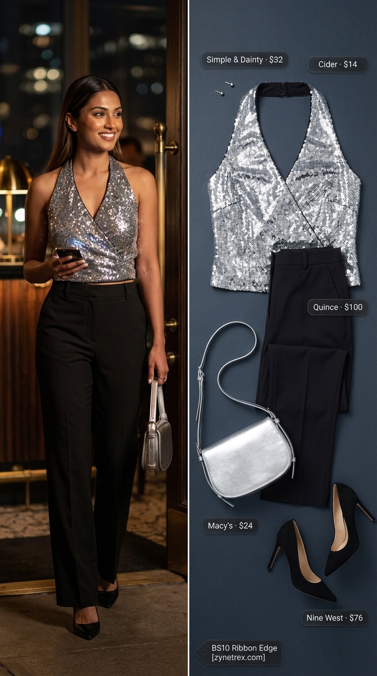 Glamorous silver sequin crop top and high-waisted black tailored pants, daring date night outfits for summer 2026. Styled with stiletto pumps.