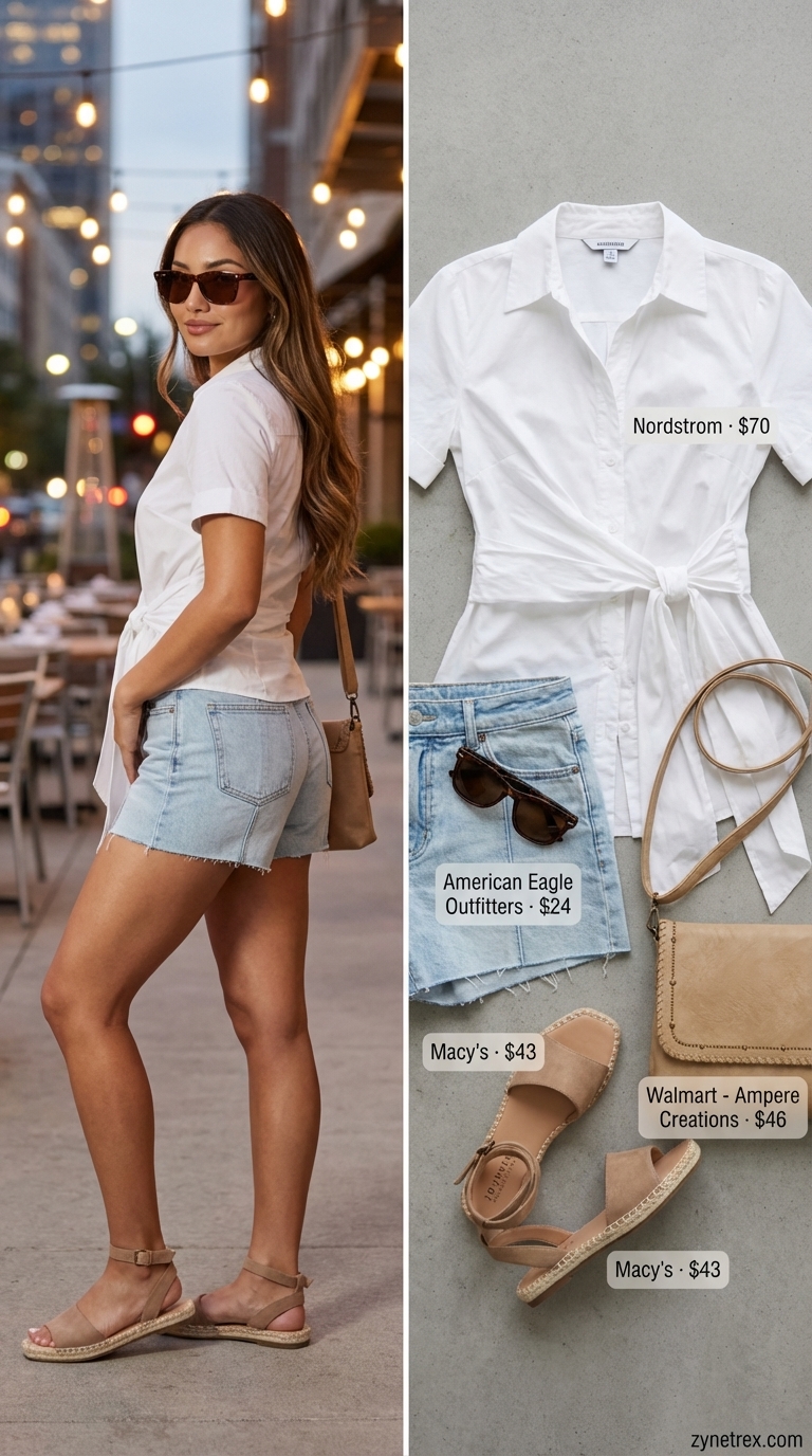Charming and effortless date night outfits summer 2026 featuring an oversized white button-down, light wash denim shorts, espadrille sandals, and a crossbody bag.