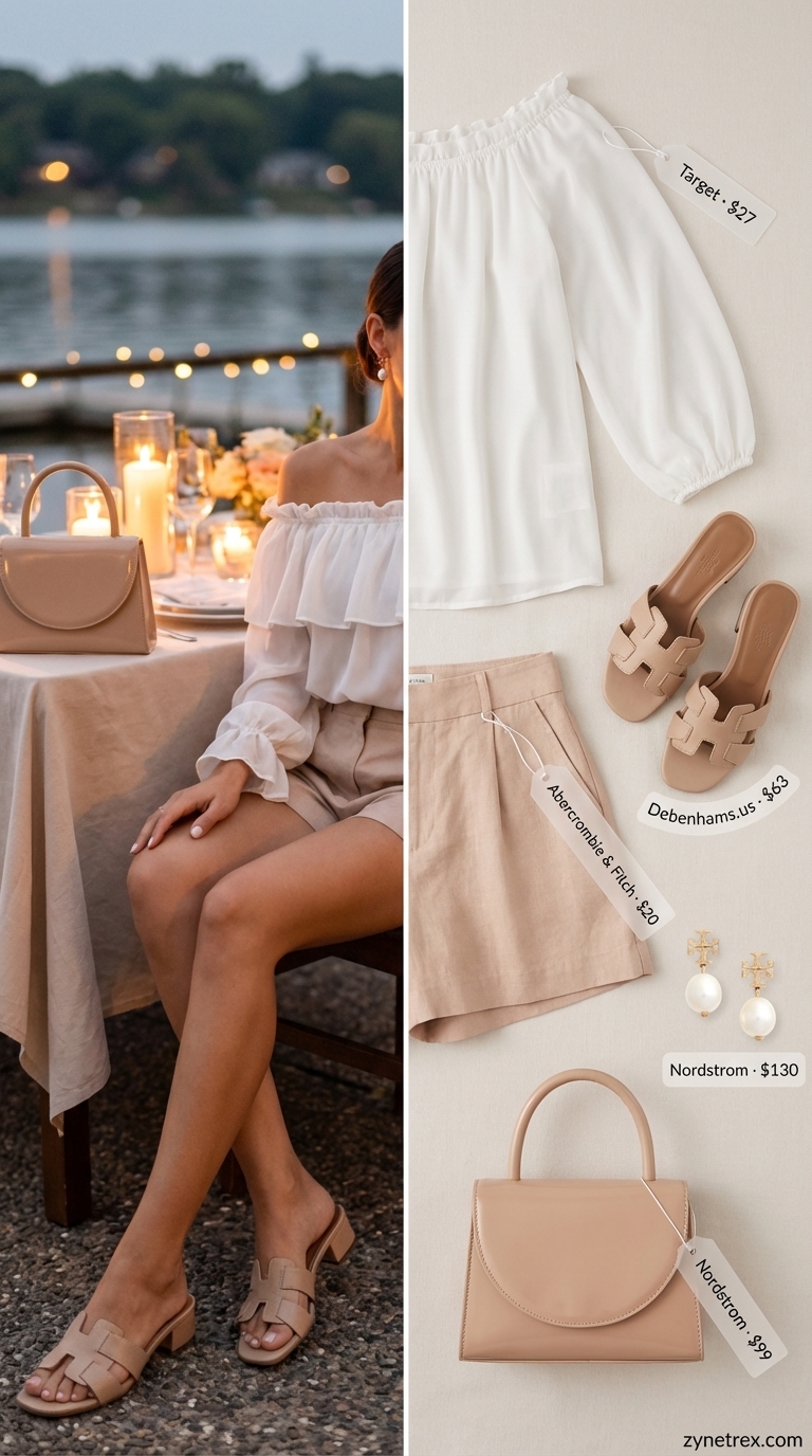 Fresh sky blue off-the-shoulder blouse and white linen shorts, elegant date night outfits for summer 2026. Perfect for a lakeside dinner.