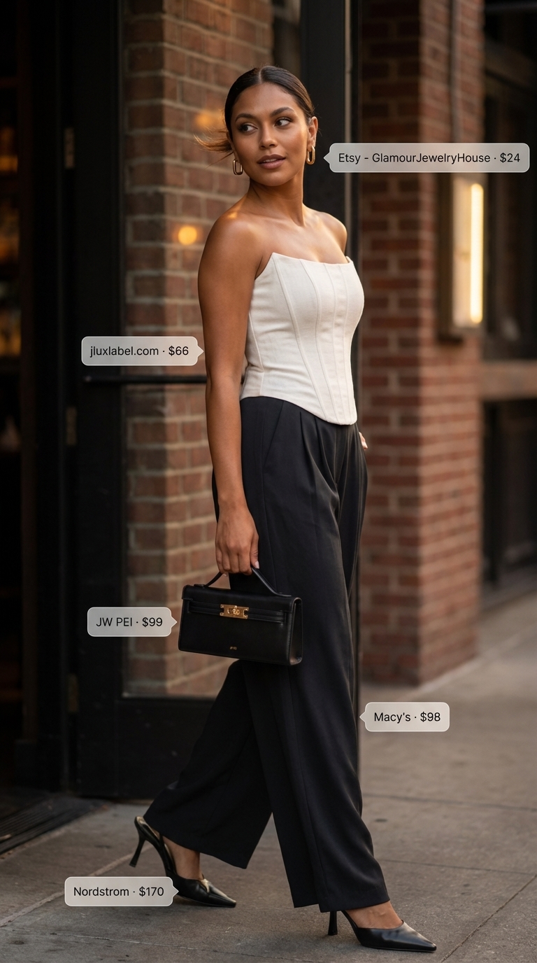 Edgy cream and olive date night outfits summer 2026 with wide-leg trousers, an olive corset top, mule heels, and gold hoop earrings.
