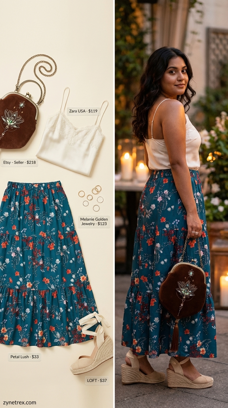 Bohemian date night outfits summer 2026 featuring a deep teal floral maxi skirt, ivory lace camisole, bronze velvet bag, and espadrille wedges.