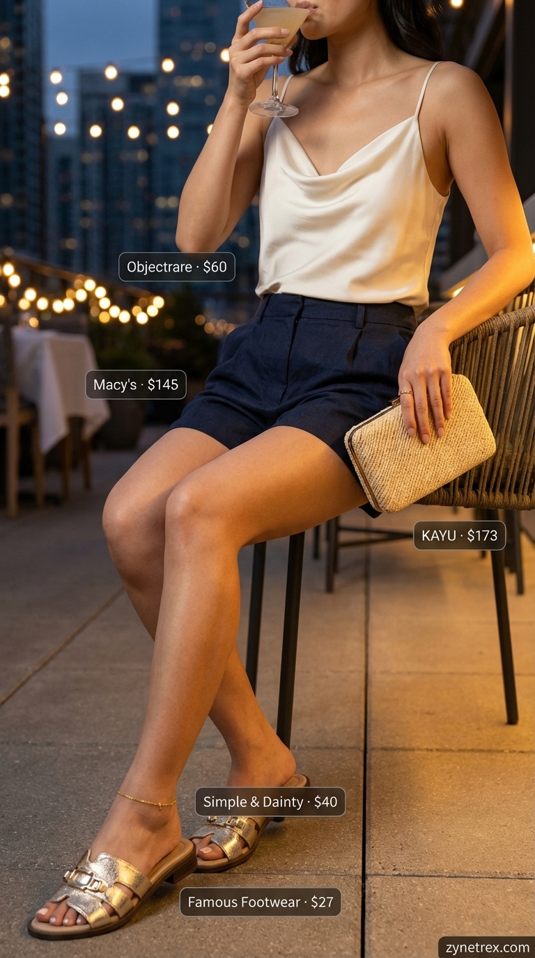 Relaxed navy linen shorts and cream satin camisole, chic casual date night outfits for summer 2026. Perfect for a beachside dinner.