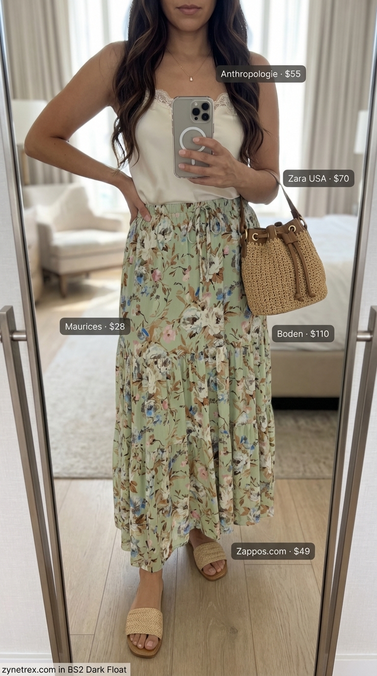 Romantic sage green floral tiered maxi skirt paired with a cream satin lace-trim camisole, natural raffia slide sandals, and a straw bucket bag, perfect for date night outfits summer 2026.