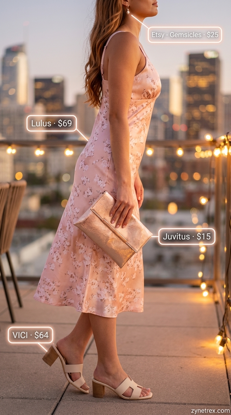 Romantic pink floral midi slip dress for date night outfits summer 2026, paired with ivory heeled mules, a rose gold mini clutch, and pearl earrings.