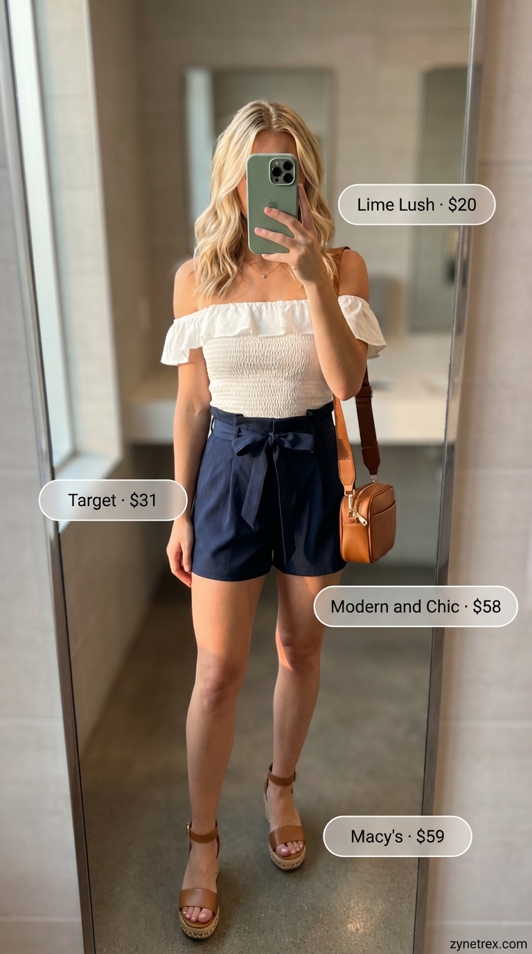 Effortless casual date night outfits summer 2026 with navy linen paperbag shorts, an off-the-shoulder smocked crop top, and tan espadrille wedges.