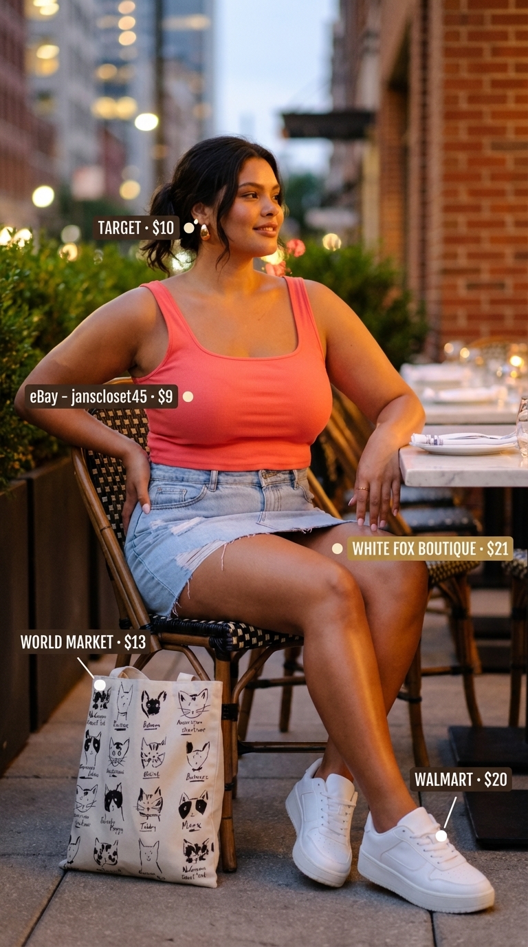 Youthful coral ribbed crop top and light wash denim mini skirt, ideal playful date night outfits for summer 2026. Styled with white platform sneakers.