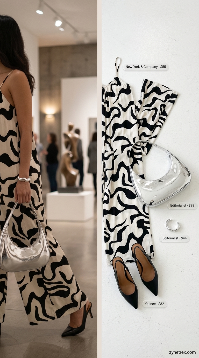 Modern date night outfit showcasing a black wide-leg jumpsuit with subtle white print, paired with silver slingback heels and a metallic shoulder bag. A stylish choice for date night outfits summer 2026.