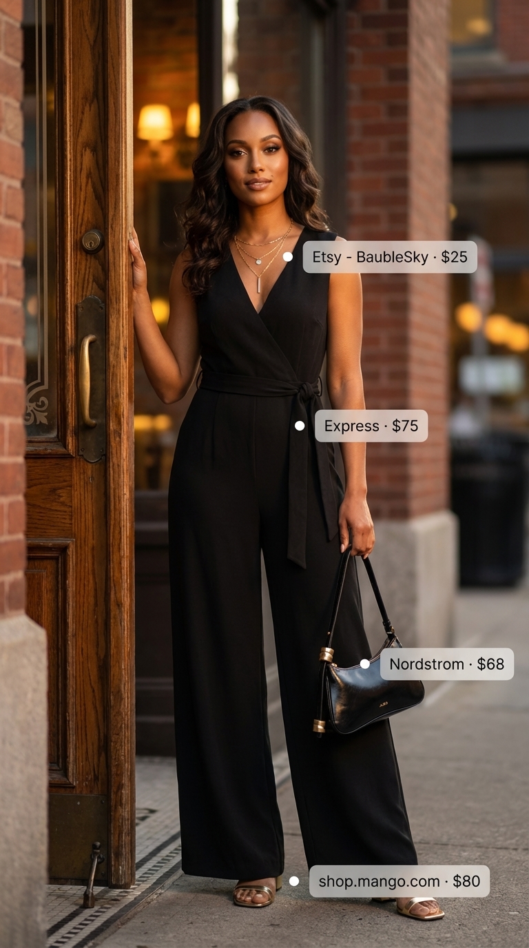 Sultry black wide-leg jumpsuit date night outfit with gold layered necklaces and metallic block heel sandals, perfect for a summer 2026 dinner date or cocktail party.