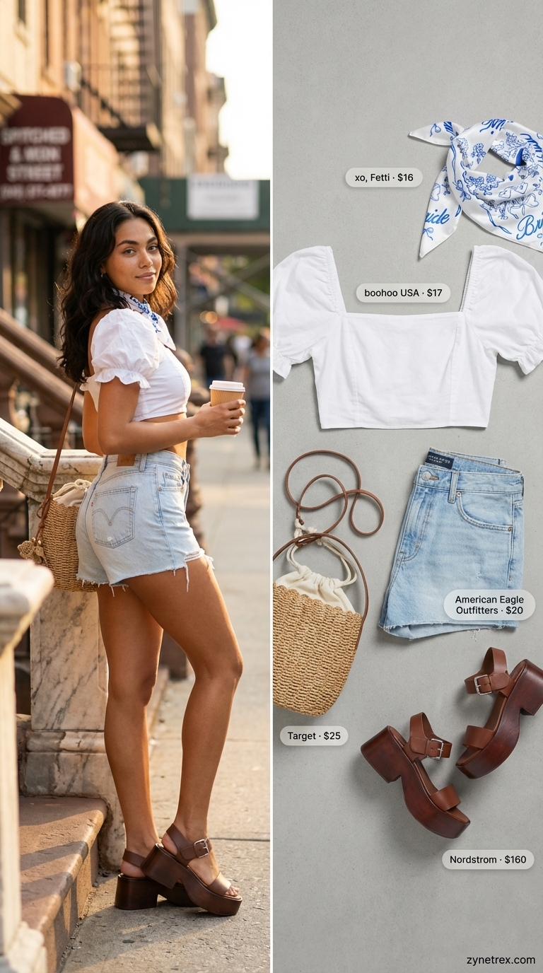 Sweet and charming retro date night outfit for summer 2026: a white puff-sleeve crop top, distressed denim shorts with a raw hem, brown leather platform sandals, and a straw bucket bag.