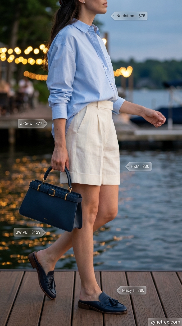 Polished preppy date night outfits summer 2026 with white linen Bermuda shorts, a sky blue button-down, navy loafer mules, and a structured mini bag.