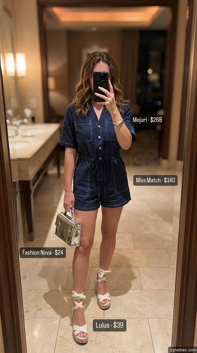 Chic date night outfit featuring a navy blue tencel romper with a V-neck, styled with white espadrille sandals and a silver mini top-handle bag. Perfect for date night outfits summer 2026.