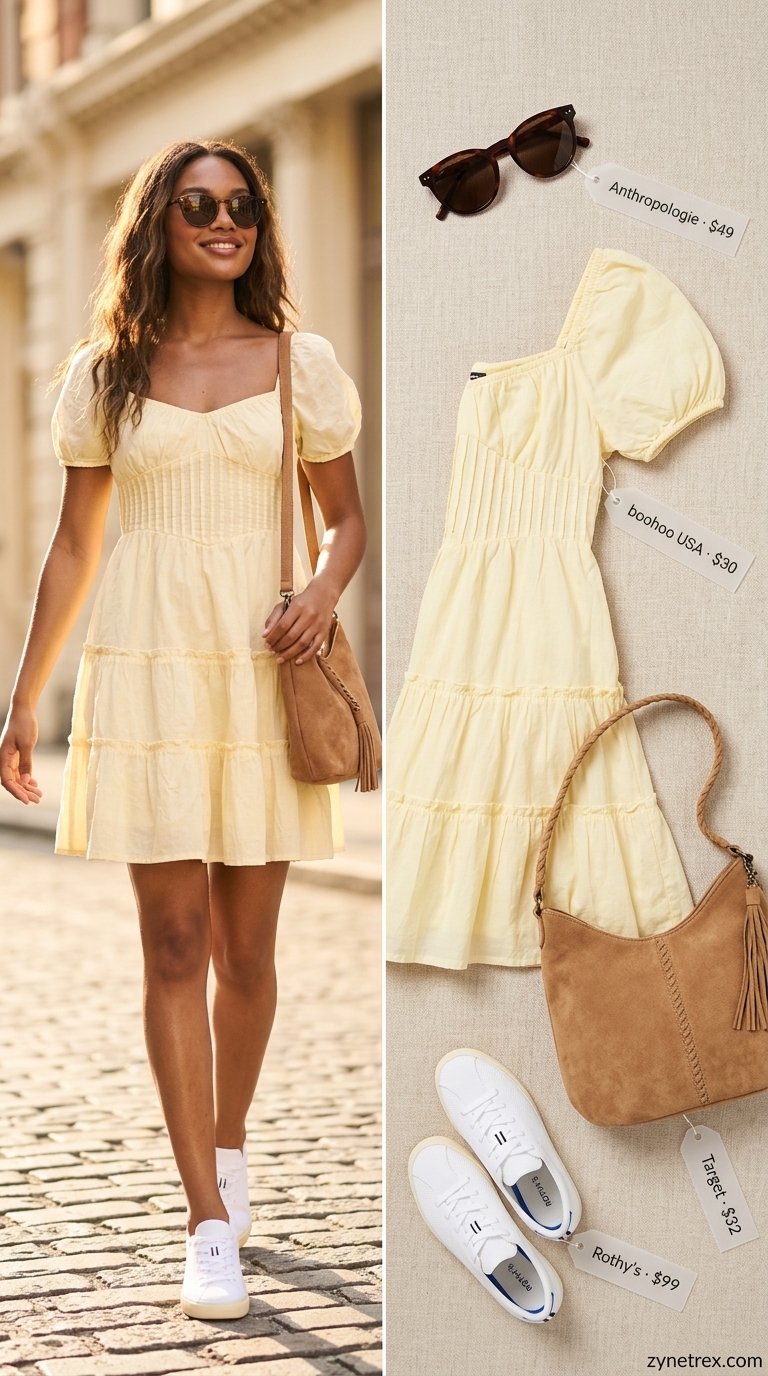 Lemon Drop Weekend: Cheerful Pastel Summer Dress 2026 A sweet lemon drop pastel summer outfit for women 2026, featuring a pale lemon yellow smocked bodice mini dress with puff sleeves, white low-top sneakers, a small tan brown crossbody bag, and tortoiseshell sunglasses for a weekend outing.