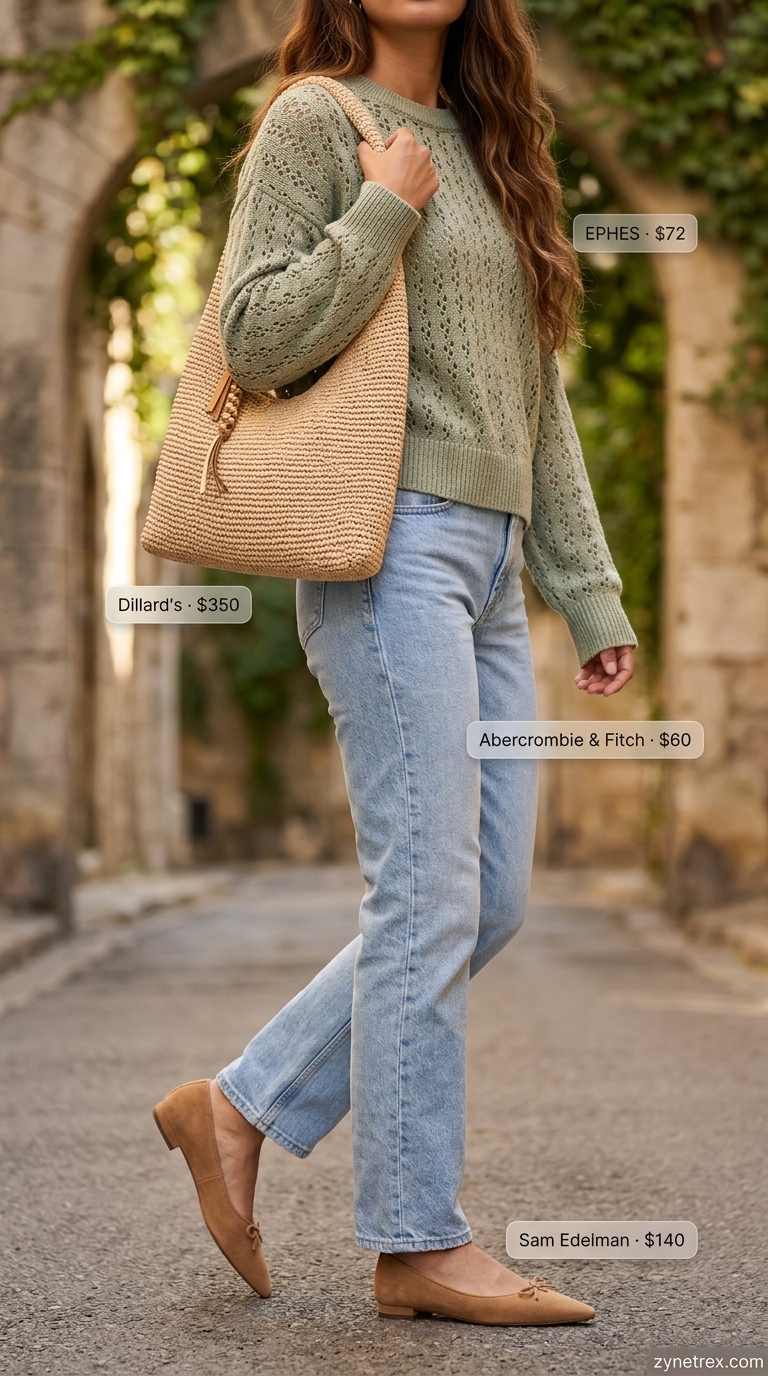 Soft Sage Sweater: Weekend Retreat Look 2026 A cozy weekend retreat outfit with a sage green open-knit sweater, white straight-leg jeans, tan ballet flats, and a woven hobo bag. Comfortable pastel summer outfits for women 2026.