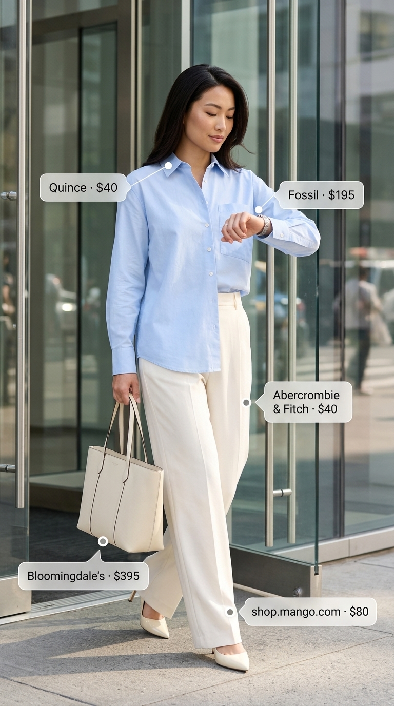 Sky Blue Office Elegance: Professional Look 2026 A polished office outfit showcasing a sky blue oversized button-down shirt, ivory tailored trousers, nude pumps, and a white tote bag. Professional pastel summer outfits for women 2026.