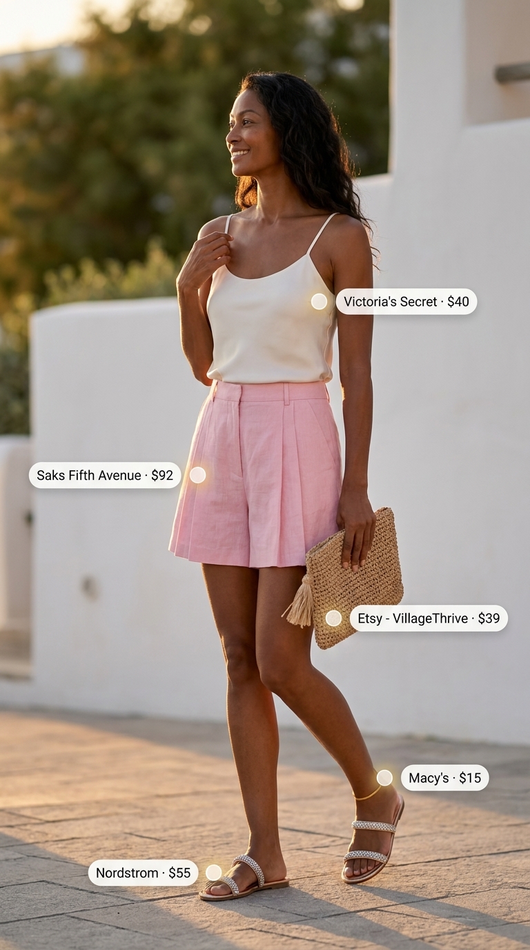 Blush Pink Beachside Dinner: Chic Pastel Summer Look 2026 A relaxed blush pink pastel summer outfit for women 2026, featuring high-waisted blush pink linen blend shorts, an off-white silky camisole, rose gold flat metallic sandals, a woven straw clutch, and a gold chain anklet for a beachside dinner.