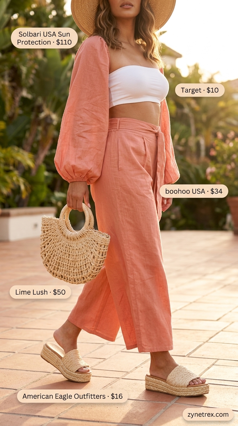 Coral Sunset Getaway: Vibrant Pastel Summer Look 2026 A vibrant coral sunset pastel summer outfit for women 2026, featuring a coral linen blend cropped button-down shirt and wide-leg pants matching set, a white bandeau top, a straw tote bag, espadrille sandals, and a wide-brim hat for vacation.