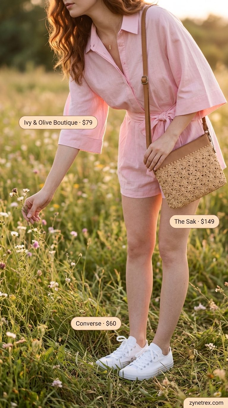 Powder Pink Park Day: Playful Pastel Summer Romper 2026 A comfortable powder pink pastel summer outfit for women 2026, featuring a powder pink linen blend romper, white canvas sneakers, a small woven straw crossbody bag, and delicate silver stud earrings for a park day.