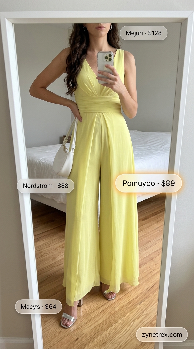 Sunny Yellow Jumpsuit: City Stroll Style 2026 A vibrant city stroll outfit featuring a pastel yellow tie-waist jumpsuit, silver slide sandals, and a white mini shoulder bag. Chic pastel summer outfits for women 2026.