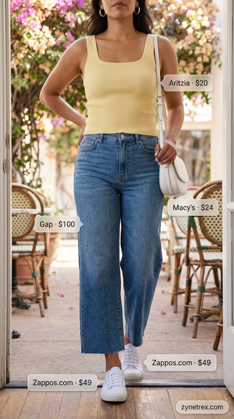 Soft Yellow Jeans: Casual Day Out Style 2026 A relaxed casual day out outfit featuring soft yellow wide-leg jeans, a white ribbed tank top, white sneakers, and a silver crossbody bag. Great pastel summer outfits for women 2026.