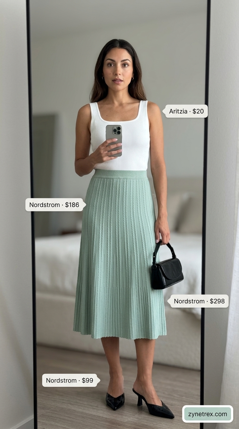 Sage Green Serenity: Casual Lunch Outfit 2026 A sophisticated casual lunch outfit featuring a sage green A-line midi skirt, white ribbed tank top, black mules, and a structured black bag. Perfect pastel summer outfits for women 2026.