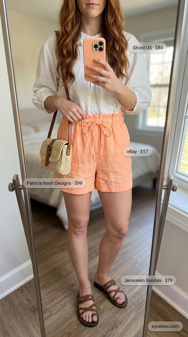 Peachy Keen Vacation: Playful Day Out 2026 A playful vacation outfit featuring pastel peach tailored shorts, a flowy white peasant blouse, brown slide sandals, and a woven crossbody bag. Fun pastel summer outfits for women 2026.