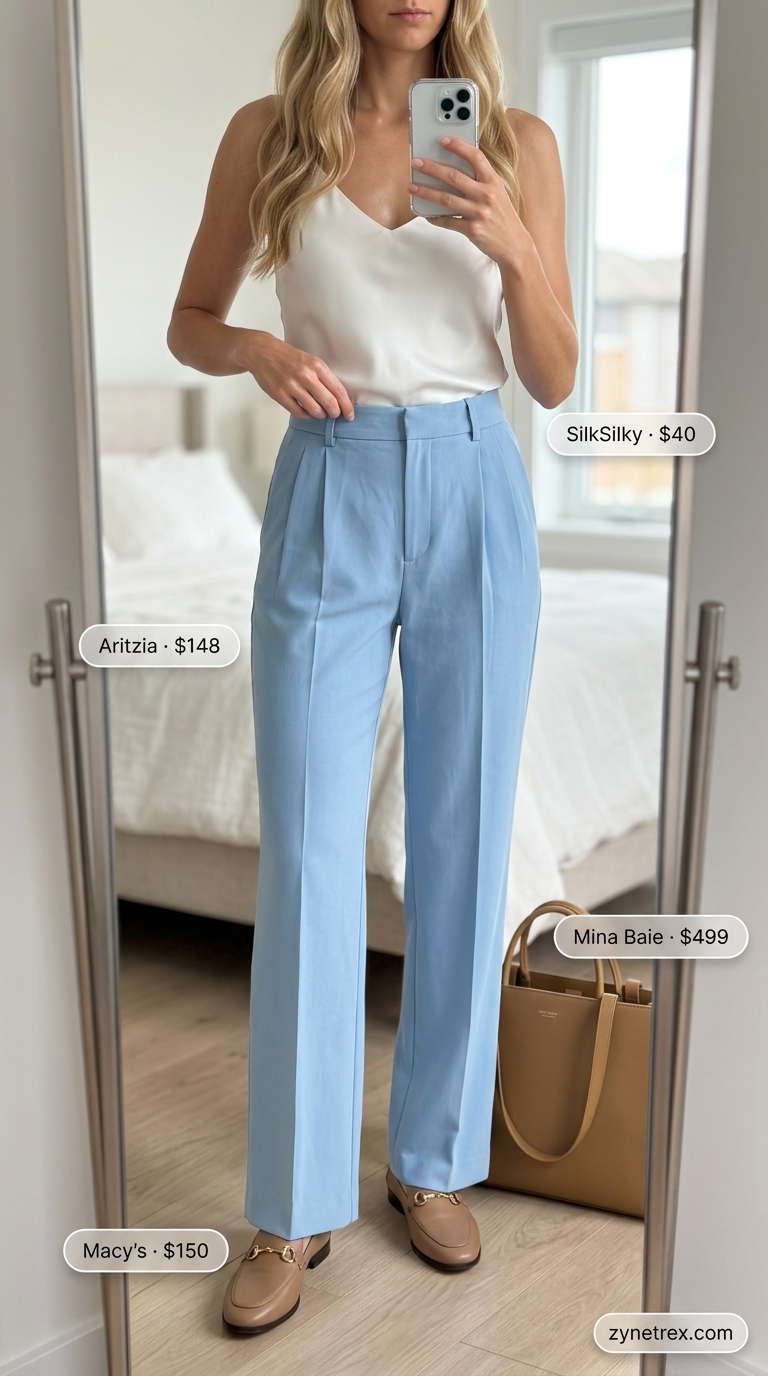 Sky Blue Office Sophistication: Pastel Summer Workwear 2026 A sophisticated sky blue pastel summer outfit for women 2026, featuring a sky blue linen blend tailored blazer, white straight-leg trousers, a white silk camisole, tan leather loafers, and a structured tan leather tote bag for the office.