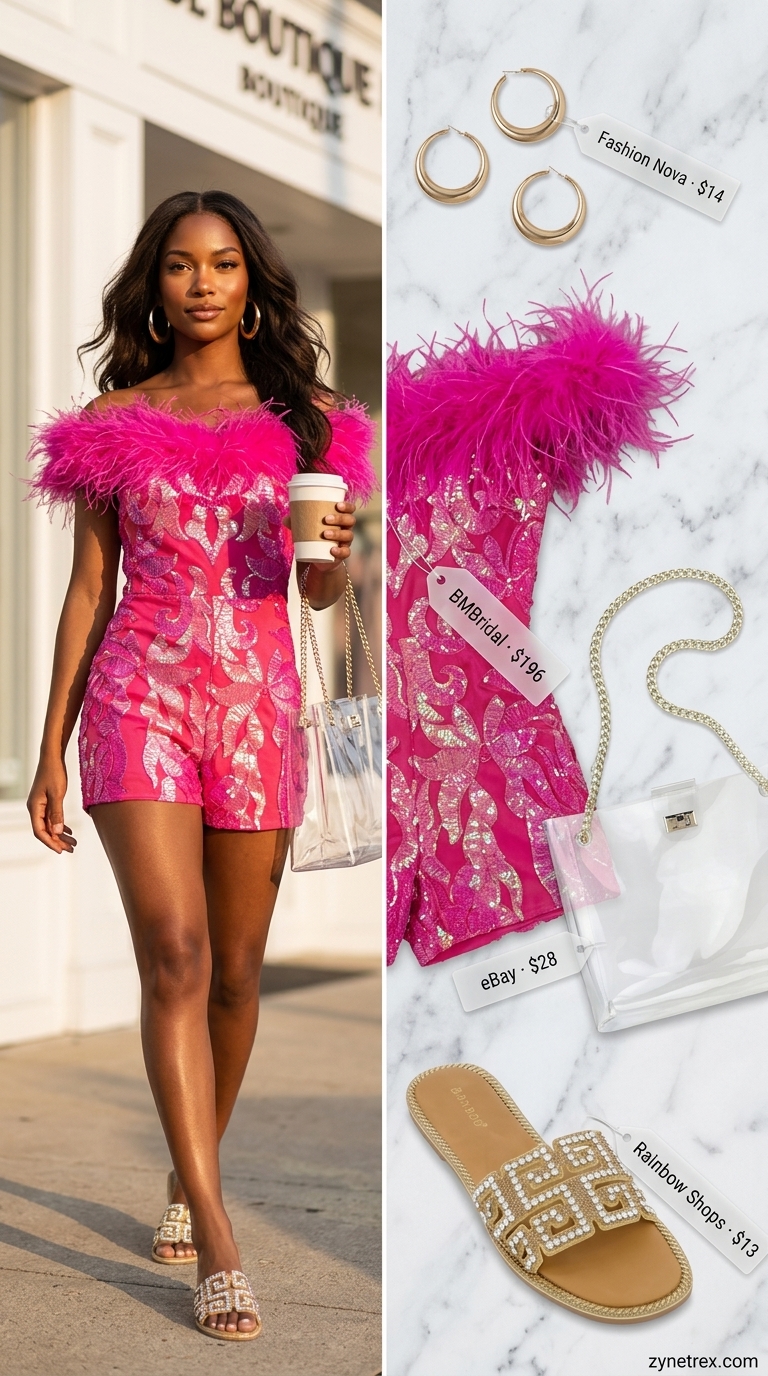 A glamorous fuchsia pink sequin-embellished romper with flat metallic slides and a clear PVC tote bag. A bold option for cute summer romper outfits 2026, perfect for a pool party.