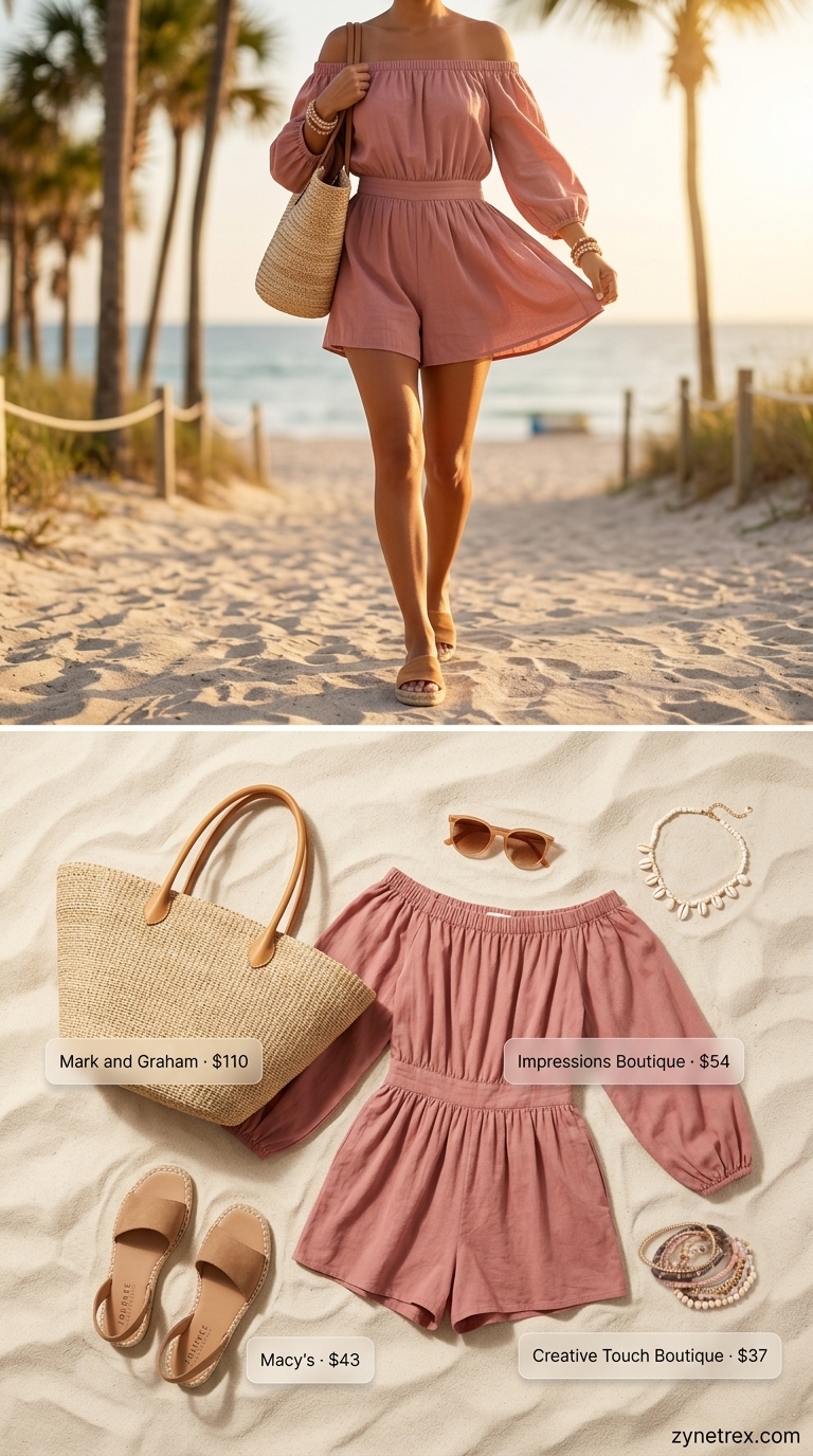 A relaxed dusty rose floral print off-the-shoulder romper with espadrille sandals and a woven straw tote bag. Perfect bohemian cute summer romper outfits 2026 for beach days.