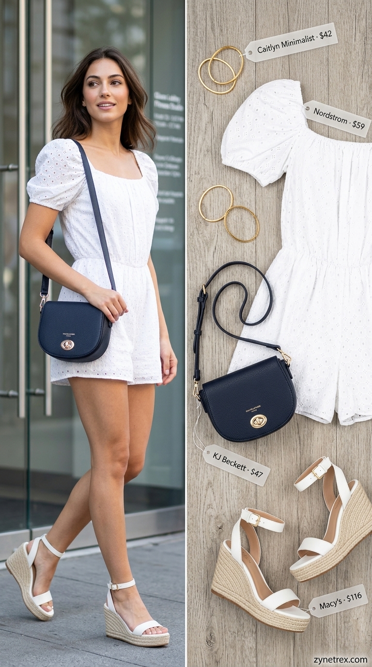 A pristine white eyelet lace romper with puff sleeves and a square neckline, paired with navy blue espadrille wedge sandals, a thin gold bangle, and a navy structured crossbody bag, creating classic and refined cute summer romper outfits 2026 for a lakeside lunch or garden party.