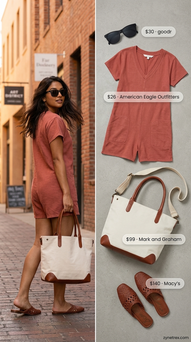 A comfortable terracotta linen blend romper with short sleeves and elasticated waist, paired with dark brown leather mules and a cream canvas tote bag, perfect for cute summer romper outfits 2026 for a weekend getaway or coffee date. Tortoiseshell sunglasses complete this earthy, understated look.
