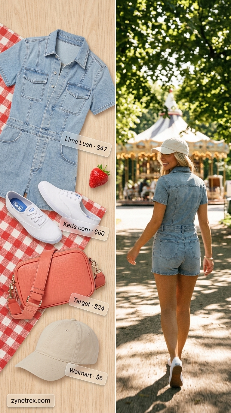 A light wash denim button-front romper with roll-tab sleeves and elastic waist, styled for cute summer romper outfits 2026 with coral canvas sneakers, an off-white canvas crossbody bag, and a white baseball cap, creating a playful and comfortable outfit for a park picnic.