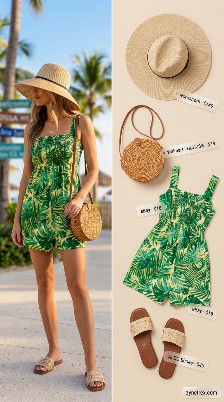 A vibrant tropical palm print romper with ruffled sleeves, smocked waist, natural flat slide sandals, a round straw crossbody bag, and a wide-brim straw hat. A perfect example of cute summer romper outfits 2026 for vacation.