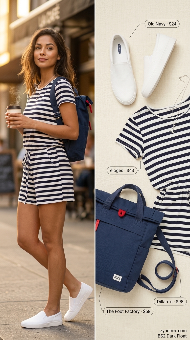 A navy and white striped jersey romper with short sleeves and a drawstring waist, styled with white canvas slip-on sneakers, a small red canvas backpack, and an anchor charm necklace. A nautical take on cute summer romper outfits 2026.