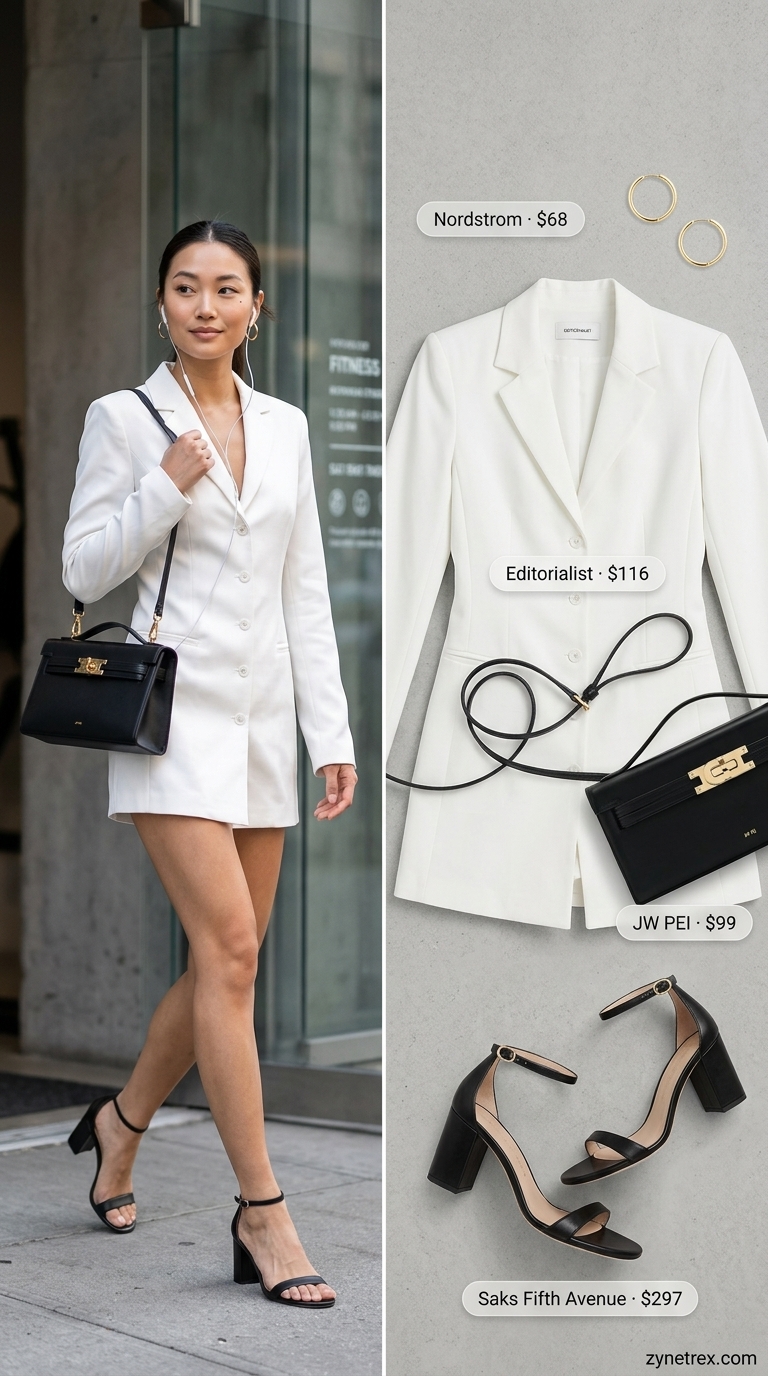 A sophisticated white tailored blazer-style romper with black block heel sandals and a structured black top-handle bag. An elegant option for cute summer romper outfits 2026.
