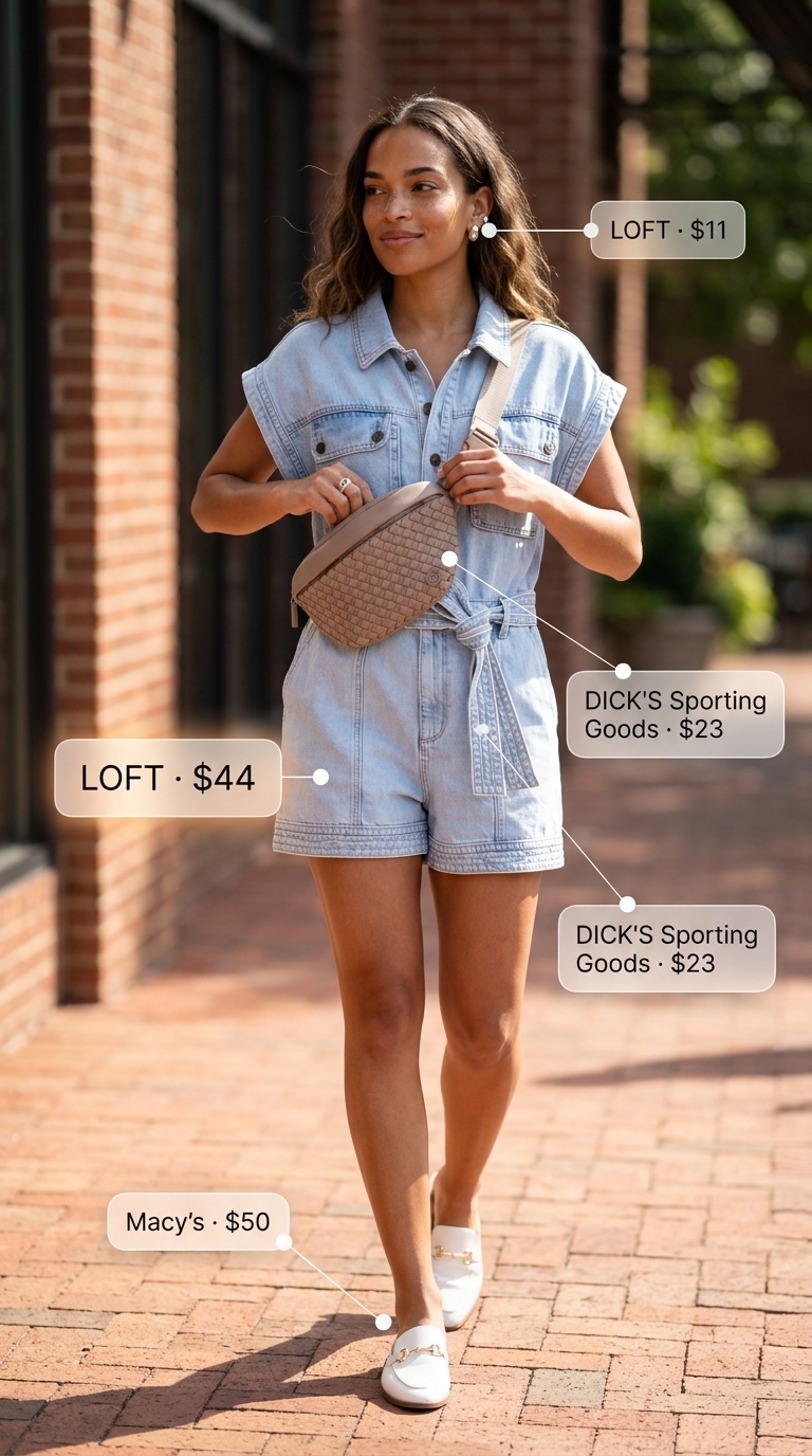 A light wash utilitarian denim romper with short sleeves and front pockets, styled with white leather flat mules, a tan canvas belt bag worn crossbody, and silver stud earrings. A comfortable ensemble from cute summer romper outfits 2026.