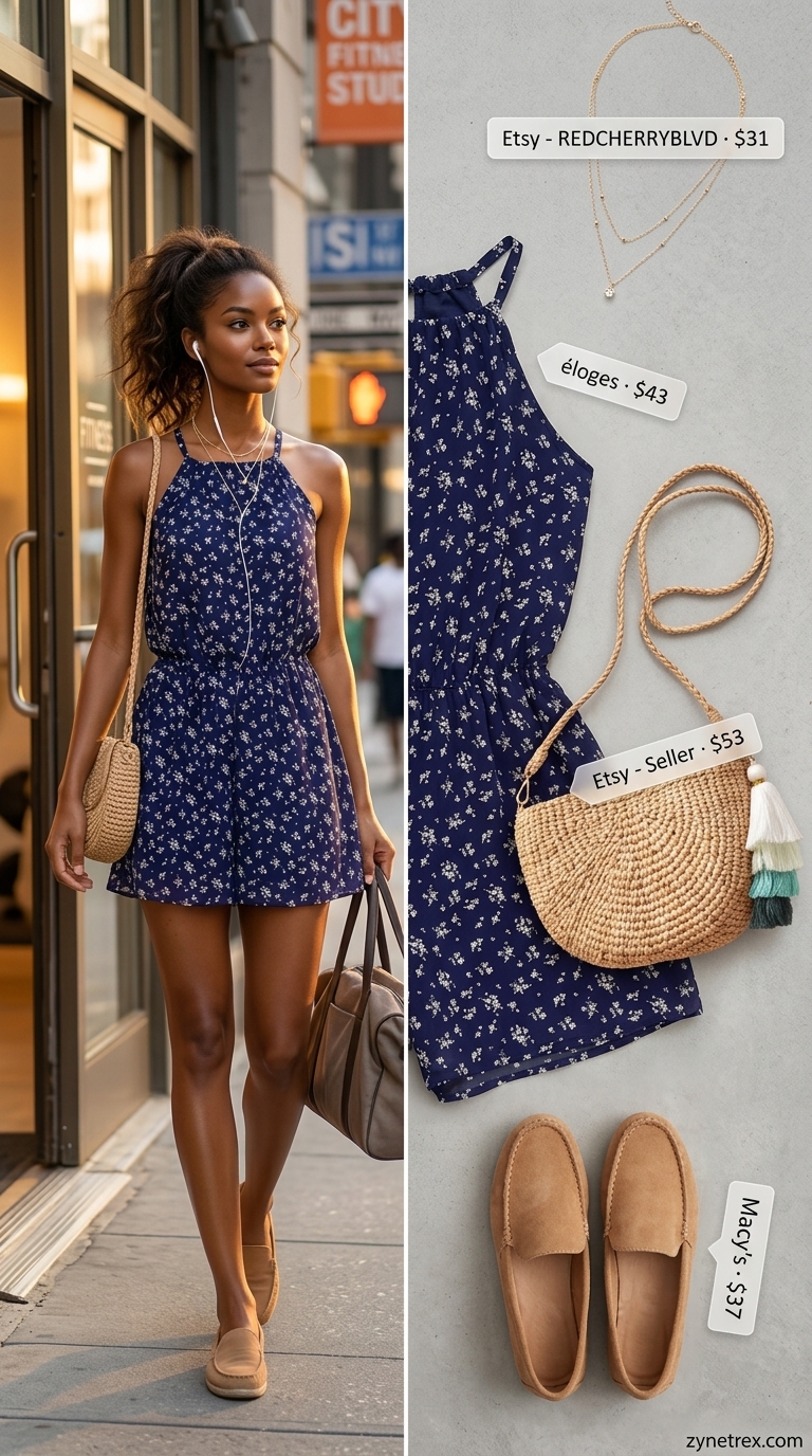 A relaxed navy blue floral print romper with an elastic waist and short sleeves, styled with natural tan espadrille sandals, a round woven straw crossbody bag, and a delicate gold layered necklace. Perfect for cute summer romper outfits 2026 beach days or casual brunches.