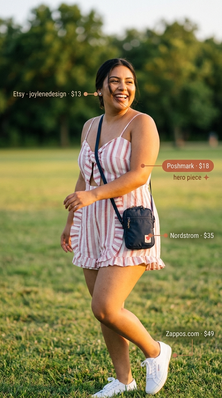 A playful red and white vertical striped romper with a tie-front detail, paired with classic white canvas sneakers and a navy canvas crossbody bag. A fun idea for cute summer romper outfits 2026.