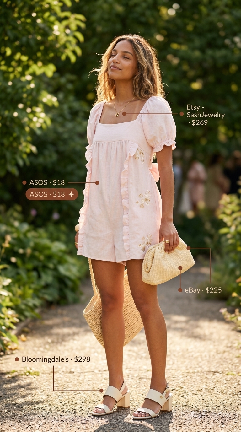 A sweet pastel pink linen blend romper styled with cream block heel sandals, a small woven clutch, and a delicate gold pendant. A lovely example of cute summer romper outfits 2026.