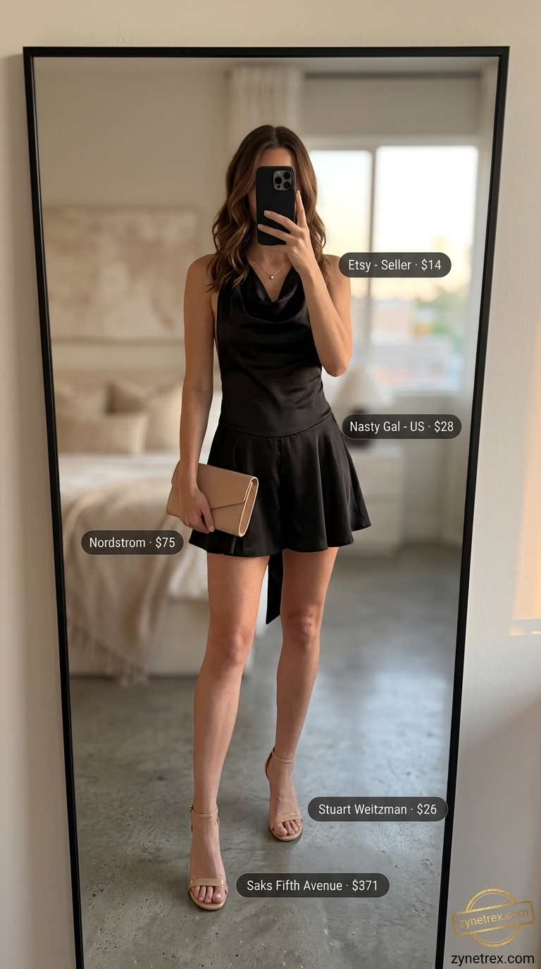 A sophisticated black satin romper with a cowl neck and tie-waist, accessorized with nude strappy stiletto heels, a small black faux leather envelope clutch, and a delicate gold chain necklace. A glamorous option for cute summer romper outfits 2026.