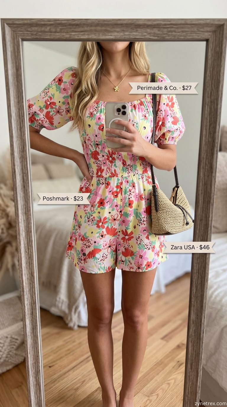 A playful pink floral print rayon romper with puff sleeves and smocked bodice, paired with espadrille wedge sandals and a woven basket bag. A cheerful cute summer romper outfit 2026.