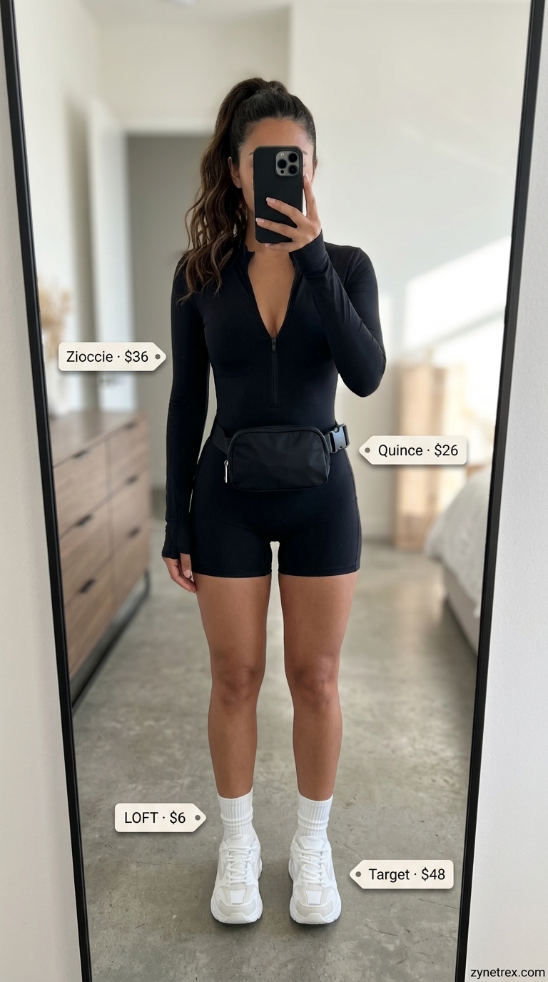 A black athletic knit romper with a drawstring waist and racerback, paired with white chunky athletic sneakers, a black nylon belt bag worn crossbody, and white ribbed socks, creating a sporty and comfortable look for cute summer romper outfits 2026, ideal for an active day out or travel.