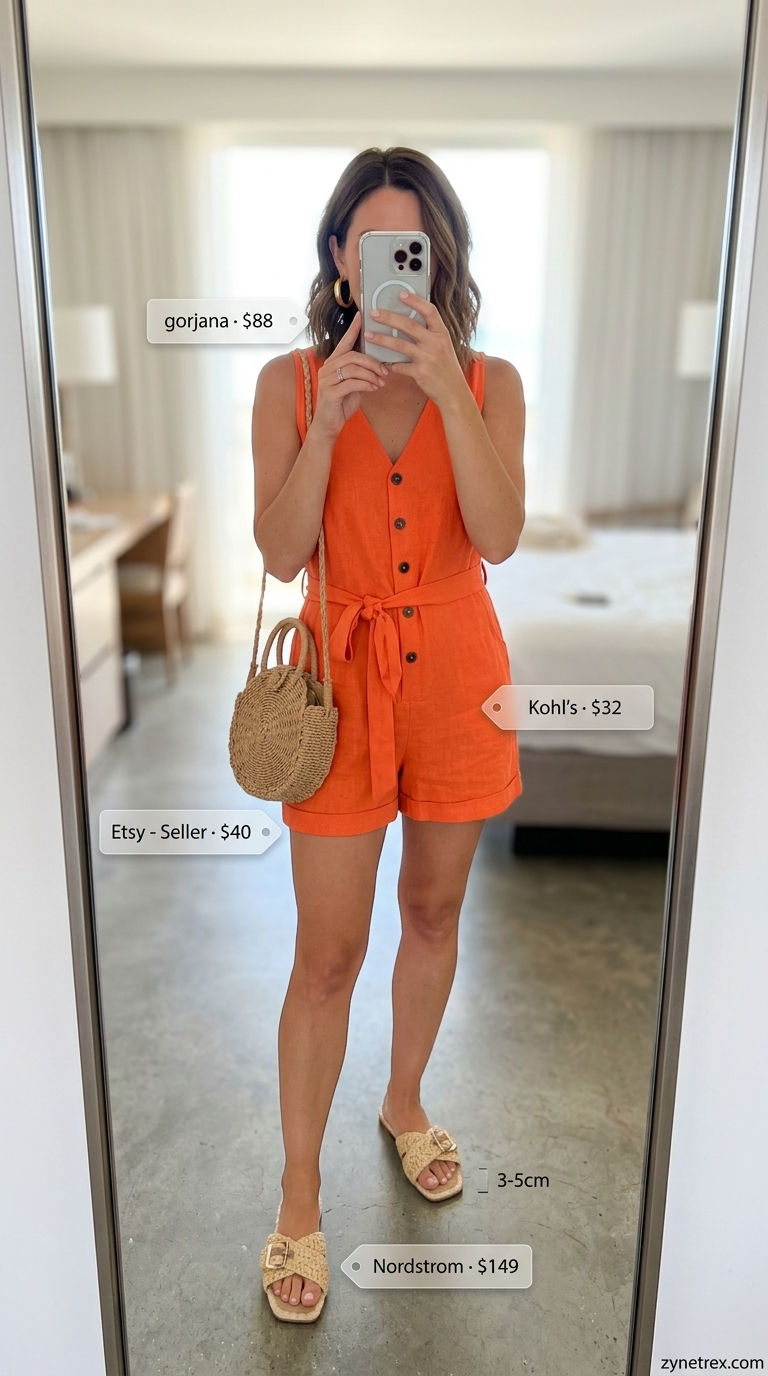 A vibrant bright orange linen blend romper with a button-front and tie-waist, styled with flat woven slide sandals and a round straw crossbody bag. A joyful idea for cute summer romper outfits 2026.