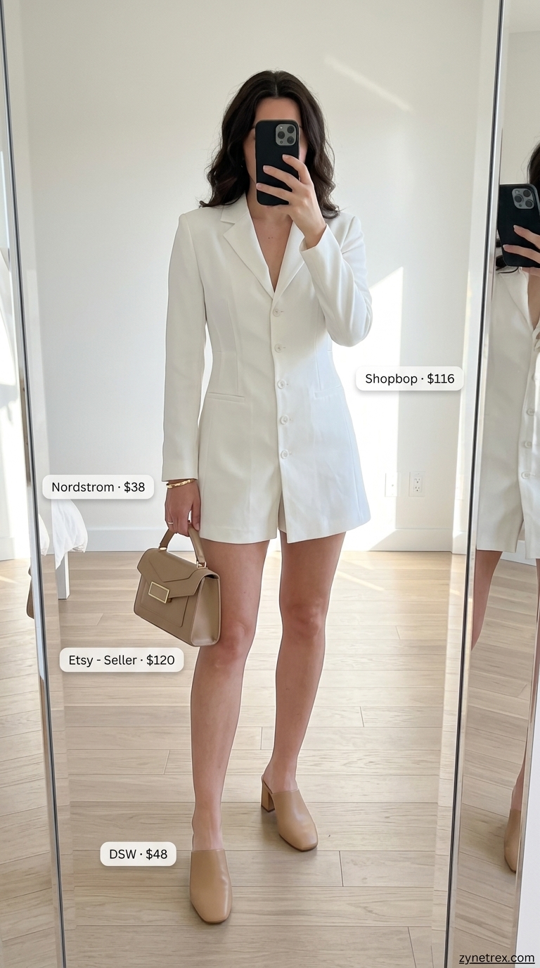 A chic white crepe tailored blazer romper with notched lapels and double-breasted buttons, accessorized with beige pointed-toe flat mules, a structured top-handle bag, and a thin gold bangle, creating a polished and sophisticated look for cute summer romper outfits 2026, perfect for brunch or daytime events.