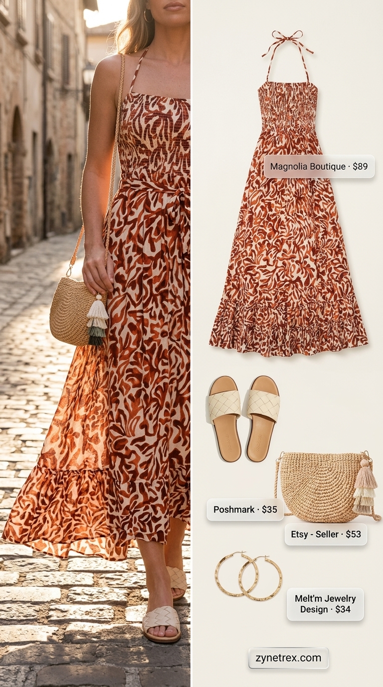 A woman models a flowy rust orange maximum dress with desert print and an open back, perfect for lightweight hot summer outfits for women. Accessorized with a natural straw circular crossbody bag and hammered gold hoop earrings, ideal for a resort wear occasion or summer event.
