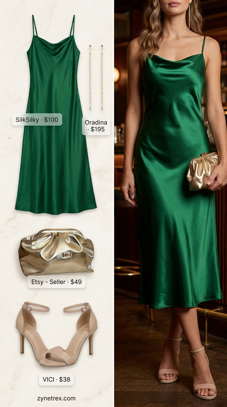 A woman models an elegant emerald green silk satin cowl neck midi slip dress, perfect for lightweight hot summer outfits for women for evening events. Accessorized with delicate gold chain drop earrings, a gold metallic clutch, and nude strappy heeled sandals, exuding sensual glamour.