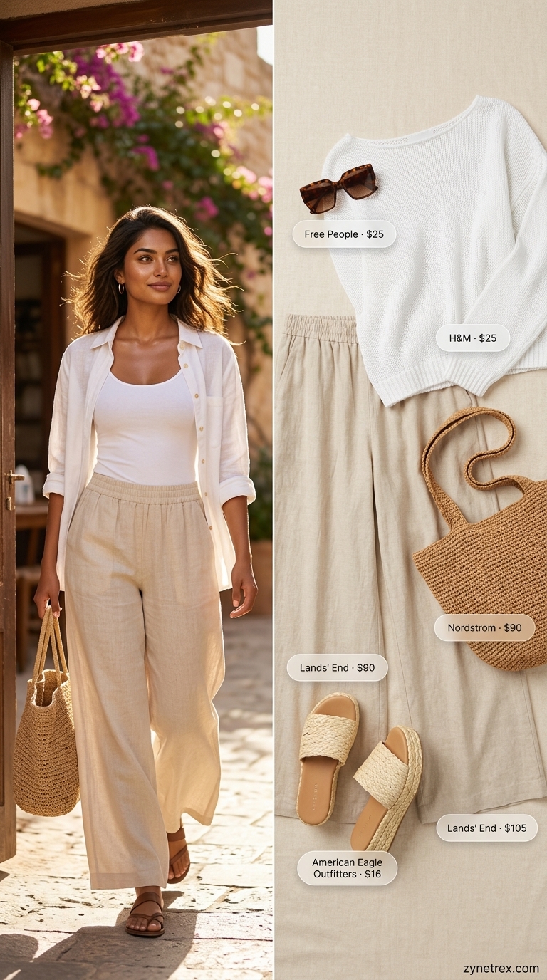 A woman presents a sophisticated white linen wide-leg pants outfit with a beige boat-neck knit top, a superb example of lightweight hot summer outfits for women. Accessorized with a woven paper straw tote bag, oversized dark sunglasses, and flat espadrille sandals, ideal for a relaxed vacation day or casual lunch.