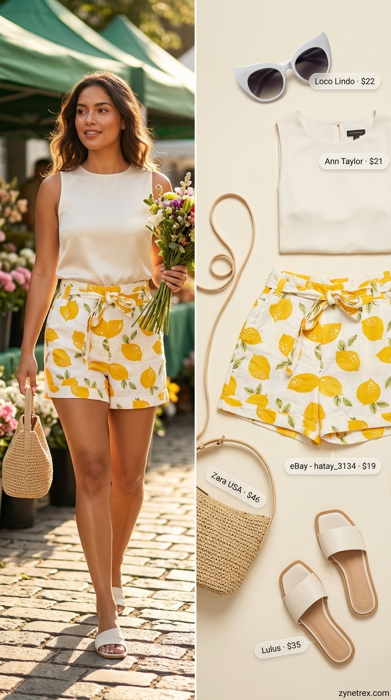 Lemon yellow print tailored shorts, white sleeveless top, flat slides, straw bag. A playful lightweight hot summer outfit for women 2026.