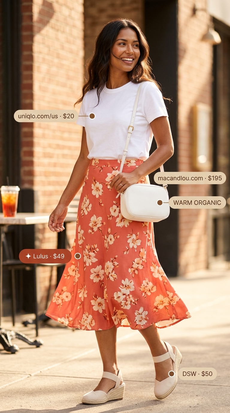 A woman wears a coral floral print midi skirt, white tee, and espadrille sandals. A perfect lightweight hot summer outfit for women 2026 brunch.
