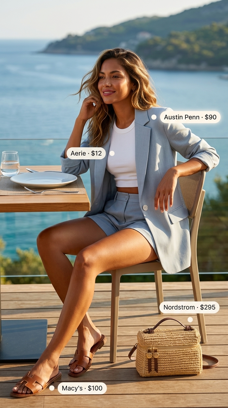 A woman wears a polished powder blue linen blend tailored shorts and matching oversized blazer set, an excellent choice for lightweight hot summer outfits for women. Paired with a simple white ribbed tank top, structured straw top-handle bag, and tan leather slide sandals, ideal for resort lunch or summer evening stroll.