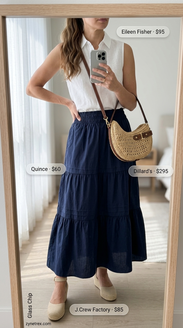 Navy blue tiered midi skirt, white sleeveless linen shirt, espadrille wedges, straw crossbody. Refined lightweight hot summer outfit for women 2026.